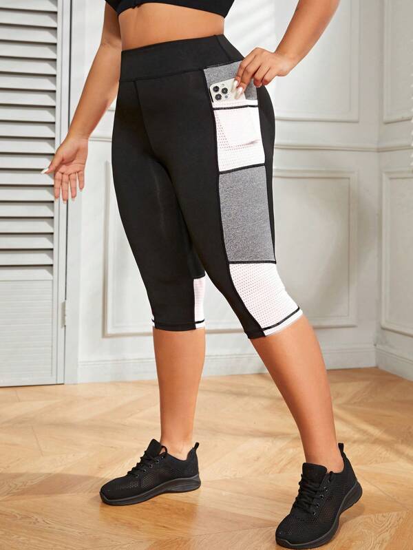 Studio SHEIN Sport Plus Size Sportswear Color Block Pocket 3/4 Capri Pants