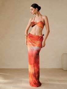 Swim Oasis Set de 3 piezas, Conjunto de bikini y falda con estampado de puesta de sol, decoración de metal fruncido y correa para el hombro desmontable, conjunto de verano para la playa - Multicolor - Ver 5