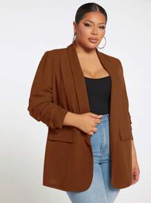 SHEIN Tall CURVE 秋冬大码女式纯色披肩领长袖休闲西装外套 - 棕色 - 查看 3