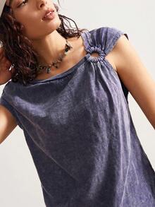 Bohemela 休闲纯色针织修身圆领背心 女士棉质上衣 女士夏季棉质上衣 女士圆环细节上衣 女士夏季上衣 不对称上衣 - 藏蓝色 - 查看 4