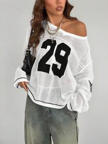 Coolane 男女款情侣同款针织条纹数字印花超大针织罩衫上衣秋冬学校厚毛衣 - 白色 - 查看 4