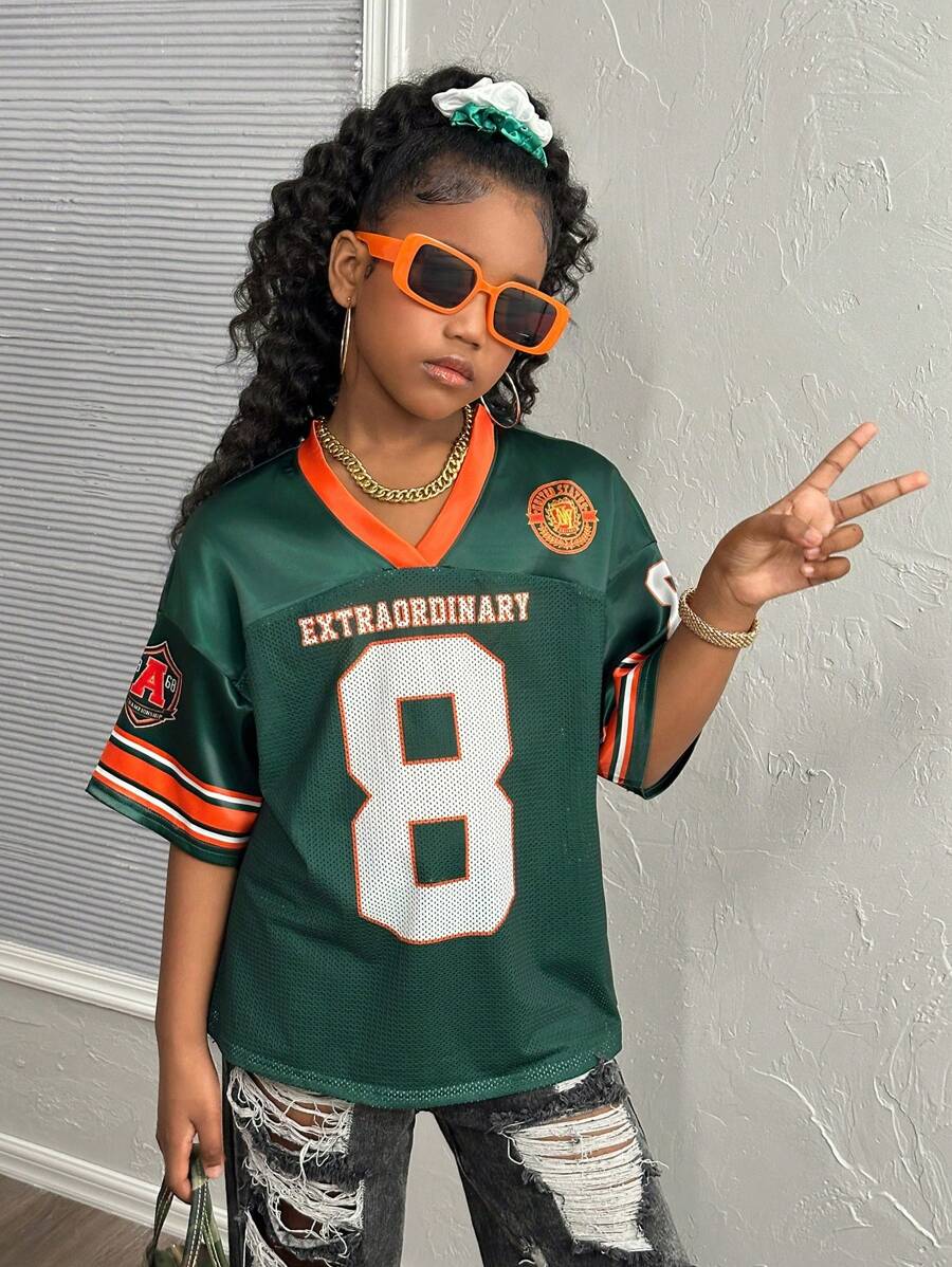 青少年女孩休闲街头时尚V领短袖上衣 - 綠色 - 查看 1