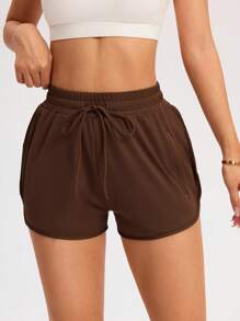 Easithlete 女士纯色松紧腰抽绳休闲夏季运动短裤健身短裤