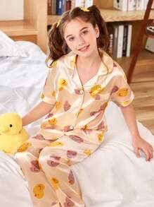 SHEIN 可爱鸭子印花少女软缎睡衣套装