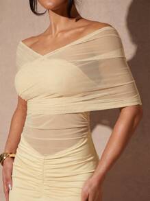 Silquee Robe ajustée élégante en maille transparente de couleur abricot pour femmes, printemps et été - Nude - Voir 8