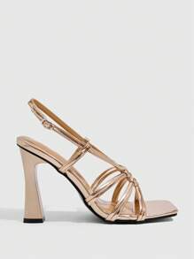 CUCCOO SZL Sandalias de moda de verano para mujer con cordones, punta cuadrada y tacón alto dorado - Champán - Ver 2