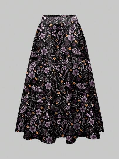 Goth Jupe d'été pour femmes avec imprimé fleurs, plantes, étoiles et lune de style gothique