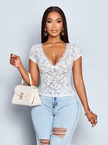 SOLERSUN Spring And Summer Women's Wear Daily Leisure Sexy Commuter White Lace Fabric V-Neck Neck Lace Short Sleeve Fitted Top - Apricot - View 6