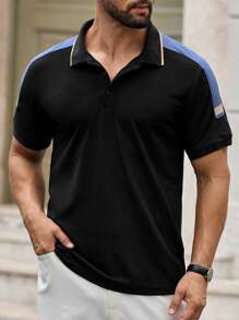 Manfinity VCAY Camisa polo de manga corta slim fit con cuello plano de punto retazos para hombre - Negro - Ver 3