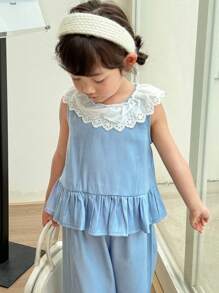 SHEIN Conjunto de top sin mangas con cuello de volantes y pantalones largos estilo princesa coreano y japonés para niñas jóvenes - Azul y blanco - Ver 2