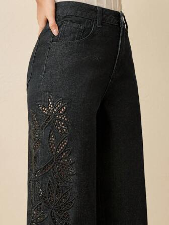 Anewsta Damen Mode Weit geschnittene Straight Fit Jeans mit Durchbrüchen