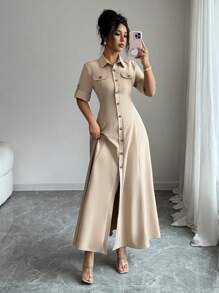 Elenzga Women Elegant Commuter Solid Color Front Button Down Long Dress - Khaki - View 6