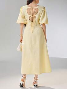 Heiryn Women Solid Color Round Neck Short Puff Sleeve Pleated Elegant Arabian Style Dress - Yellow - View 5