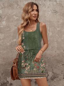 SHEIN LUNE 女士休闲绿色花卉印花短裙，适合春夏季度假