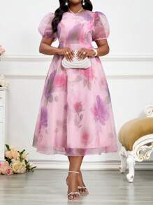 SHEIN Lady Vestido Body con contraste de cuello, manga globo y malla, de punto morado, elegante para oficina y uso diario, tallas grandes, vestidos elegantes de mujer, ropa de verano elegante, ropa de primavera