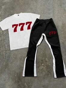 Manfinity Streetrush Conjunto casual de camiseta con estampado de número y pantalón largo con costuras de color contrastante para hombre, Conjunto de 2 piezas de verano para hombre