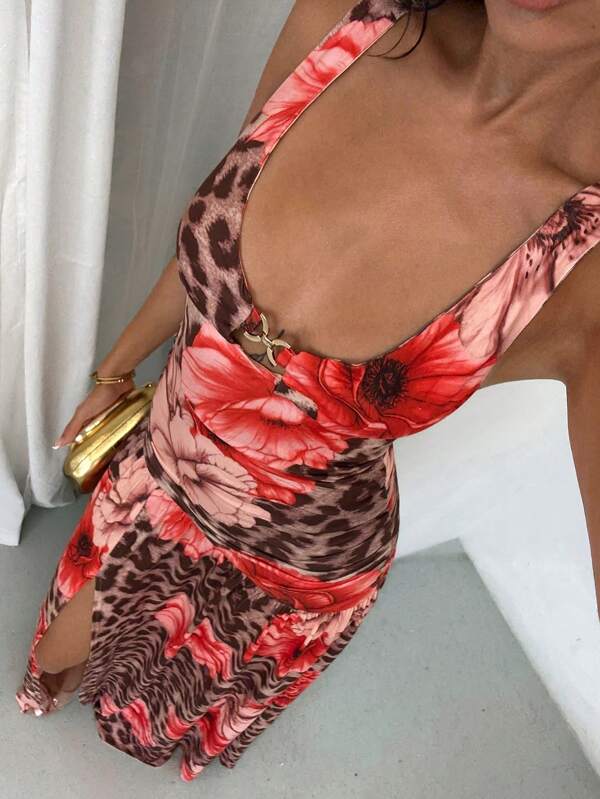 Glamine Rochie lungă pentru femei cu model floral leopard, material elastic din jerseu, rochie de plajă elegantă și sexy pentru vacanța de vară -- Model floral aleatoriu, haine de toamnă pentru femei, înapoi la școală