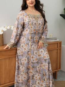 Al Najma Plus Size Women Floral Print Long Sleeve Loose Arabian Dress Kaftan Jalabiya Dress - Multicolor - View 1