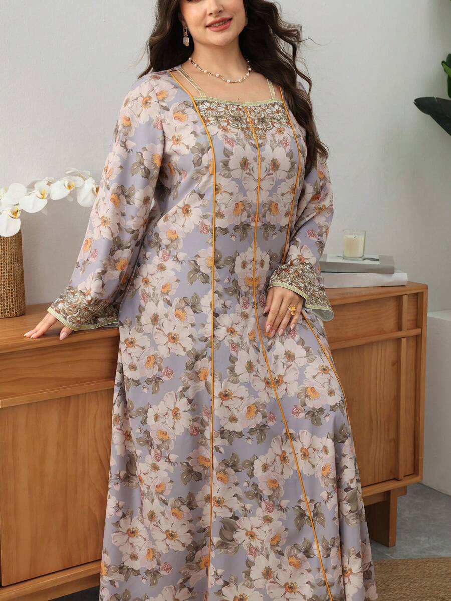Al Najma Plus Size Women Floral Print Long Sleeve Loose Arabian Dress Kaftan Jalabiya Dress - Multicolor - View 1