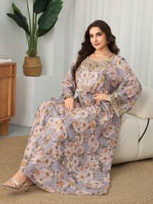 Al Najma Plus Size Women Floral Print Long Sleeve Loose Arabian Dress Kaftan Jalabiya Dress - Multicolor - View 7