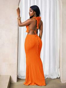 BamGleam 女士纹理金属镂空露背上衣和裙子两件套性感服装 - 橘色 - 查看 2