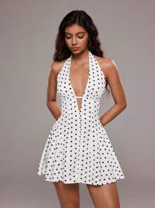 TRNVIE Women's Sexy Polka Dot Print Open Back Halter Mini Dress, Summer - White - View 3