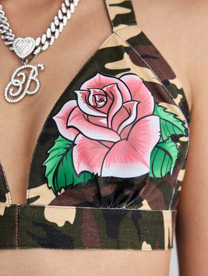 ROMWE Avant Women Summer Camouflage Floral Print Backless Halter Top And Mini Skirt 2pcs Set
