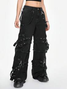 ROMWE Grunge Punk Luźne, szerokie nogawki jeansów w stylu casual punk street z metalowymi ozdobami z taśmy dla kobiet