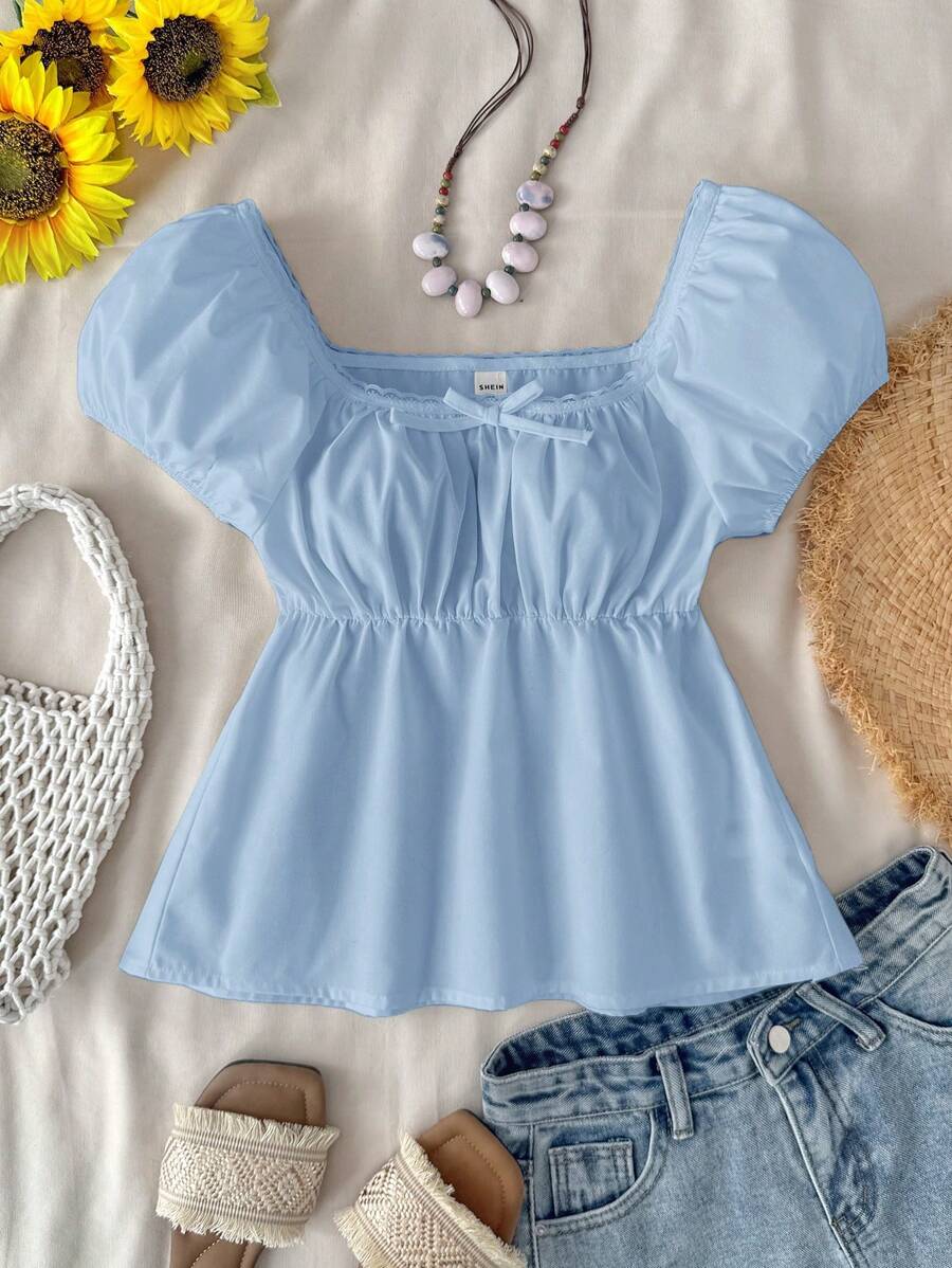 SHEIN Teen Girl Blue Square Neck A-Line Ruffle Trim Blouse, Cute & Sweet Style, Cropped Shirt Suitable For Preppy, Sweet, Casual Daily Wear Babydoll Top Girls Babydoll Top Baby Doll Top For Tweens Summer Babydoll Tops Tween Girl Summer Tops