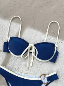 Swim Chiccia 2 件套女士海军蓝和米色拼接聚拢泳衣套装，配有简约海星金属扣装饰，优雅性感，适合春夏季、度假、海滩、派对 - 彩色 - 查看 6