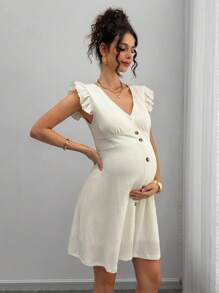 Momance Maternity V-Neck Single Breasted Cap Sleeve Casual Dress, Summer - Apricot - View 5