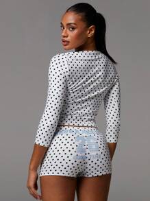 Athîral 女士圆点图案针织上衣和短裤两件套 - 黑與白 - 查看 5