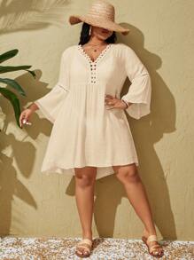 Swim Lushoire Váy che tay loe ren tương phản cỡ lớn cho nữ, đi nghỉ/ngày lễ - Màu be - Xem 4