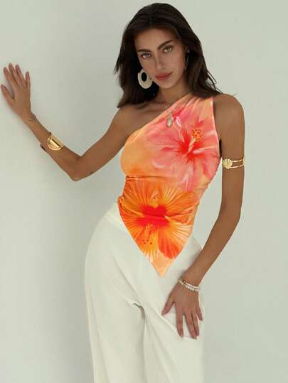 Aloruh Women's Elegant Minimalist Asymmetric Shoulder Ruffle Hibiscus Tie Dye Print Blouse, Hawaiian Floral Top For Beach, Music Festival, Spring Break Suitable For Going Out