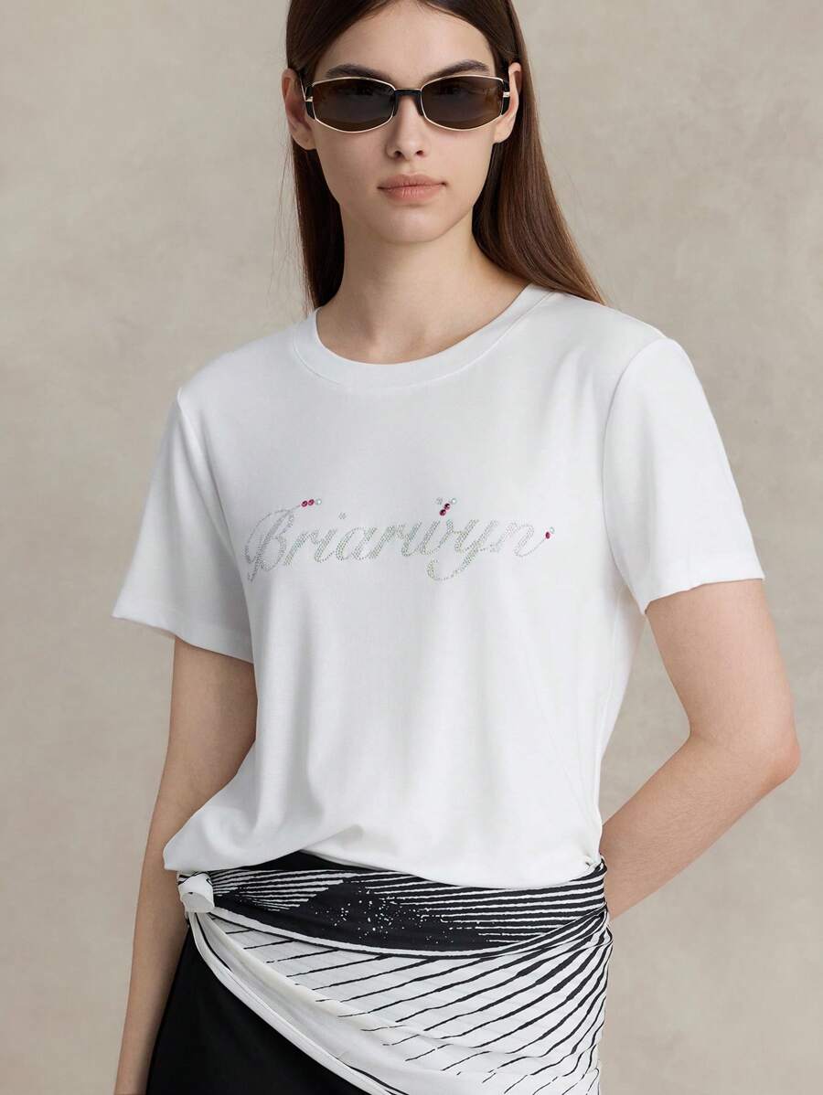 Briarwyn Women's Fashion Rhinestone Short Sleeve T-Shirt, Summer Graphic Tees Old Money Style Women Back To School Clothes Streetwear Women - White - View 1