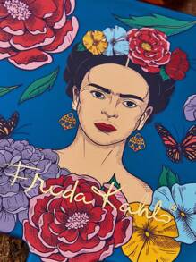 Frida Kahlo X SHEIN 1 pieza Espejo de mano cuadrado con gráficos de figuras e impresiones florales, apto para uso en el hogar, oficina y viajes, ligero, de alta definición, artístico y elegante