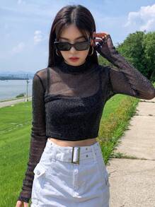 DAZY Mock Neck Glitter Mesh Top Without Cami Top Going Out Tops Sheer