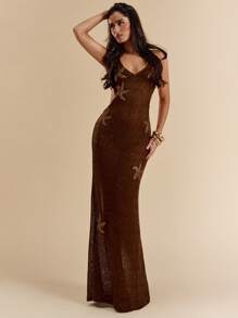 SHEIN BAE Đầm ôm body lưới đan móc họa tiết sao biển màu nâu/cà phê trơn cho nữ, Đầm đi biển nghỉ dưỡng, Đầm đan móc, Đầm mùa hè - màu nâu - Xem 4