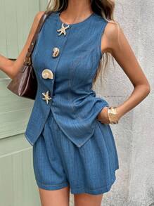 SHEIN Frenchy Set de 2 piezas de top sin mangas con botones delanteros y shorts casual para mujer
