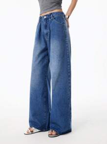 LYSMO 女士休闲宽松水洗阔腿牛仔裤 - 藍色 - 查看 5