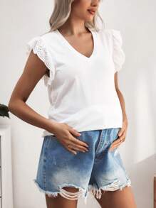 SHEIN 孕妇夏季度假花卉刺绣盖袖V领休闲T恤 - 白色 - 查看 4