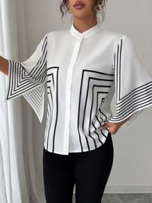 Elenzga Stand Collar Placement Digital Print Geometric Lines Asymmetrical Sleeve Opening French Elegant Shirt, Resort Wear Spring/Summer