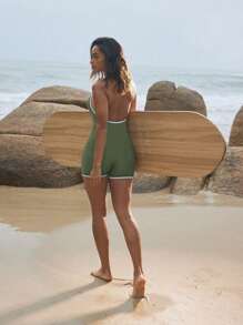 Swim SPRTY Costumi da bagno interi casual da donna con schiena scoperta, collo alto annodato, e colore a contrasto