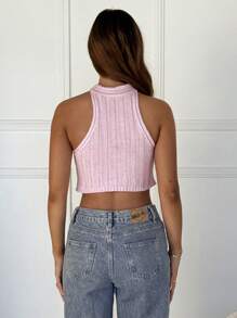 SHEIN EZwear ملابس علوية نسائي ضيق مزخرف بالتريكو بياقة حلقية باللون الوردي، قمصان صيفية للنساء - وردي - مشاهدة 2