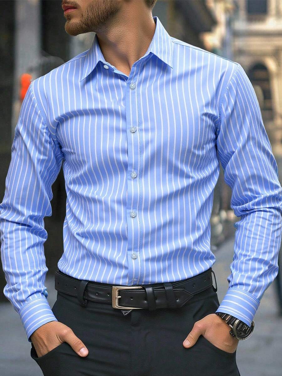 Manfinity Mode Men's Business Casual Blue Long Sleeve Striped Shirt, Nice Shirts For Men, For Fall - Baby Blue - View 1