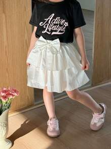 SHEIN 年轻女孩休闲蝴蝶结装饰短裙 - 白色 - 查看 1