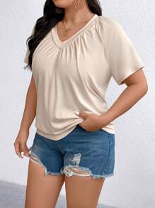 SHEIN LUNE Plus Size Summer Casual Solid Color Raglan Sleeve T-Shirt - Apricot - View 4