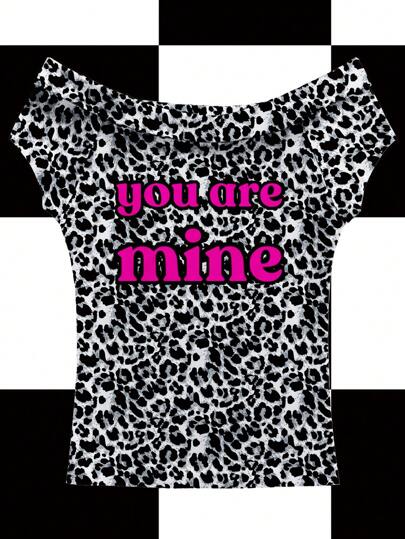Shutterstock 女式豹纹动物图案“你是我的”口号撞色短袖短款 T 恤，适合夏季、度假、派对俱乐部外出、返校 2000 年代风格