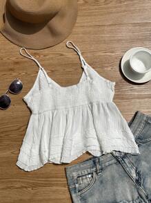 Comfortcana 夏季休闲白色女式蕾丝拼接荷叶边下摆吊带背心 - 白色 - 查看 2