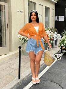 Solavibe Orange Casual Minimal Translucent Plus Size Thin Jacket - Burnt Orange - View 10